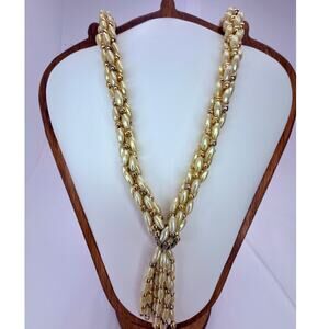 Vintage 60s Faux Pearl Lariat Necklace Art Deco Revival Tassel Sautoir